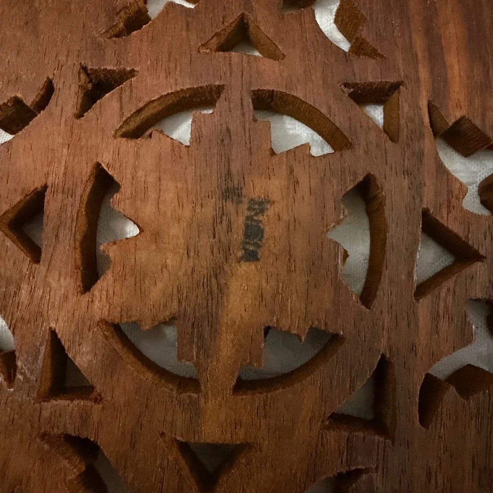 Vintage Hand-Carved wooden trivet crafted in India w floral & leaf motifs